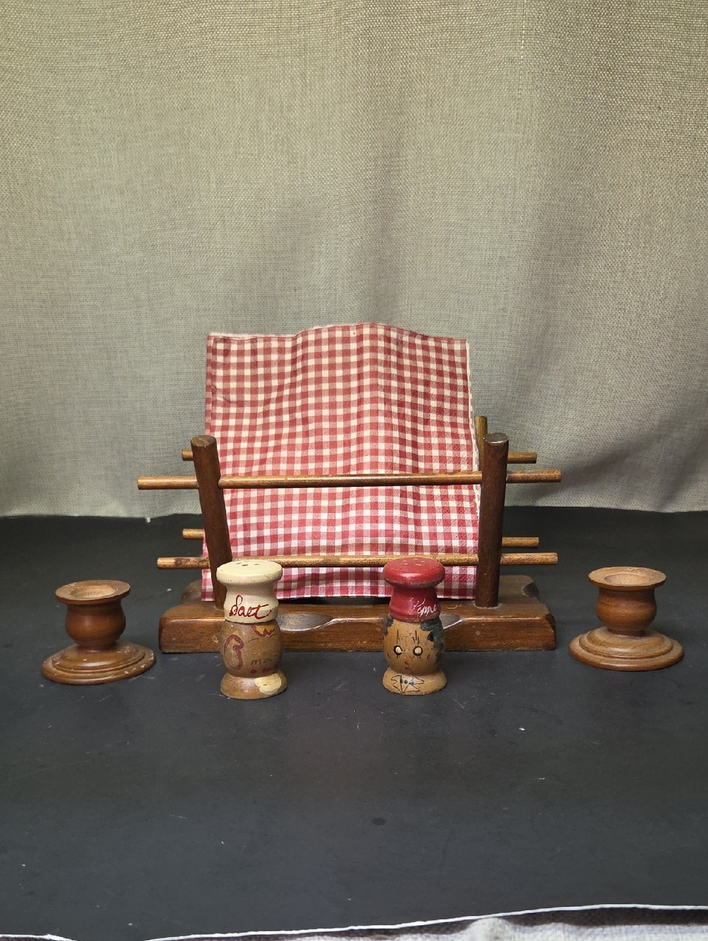Vtg CORNWALL WOOD PRODUCTS Spindle Napkin/Letter Holder, S&P, Candle Holders